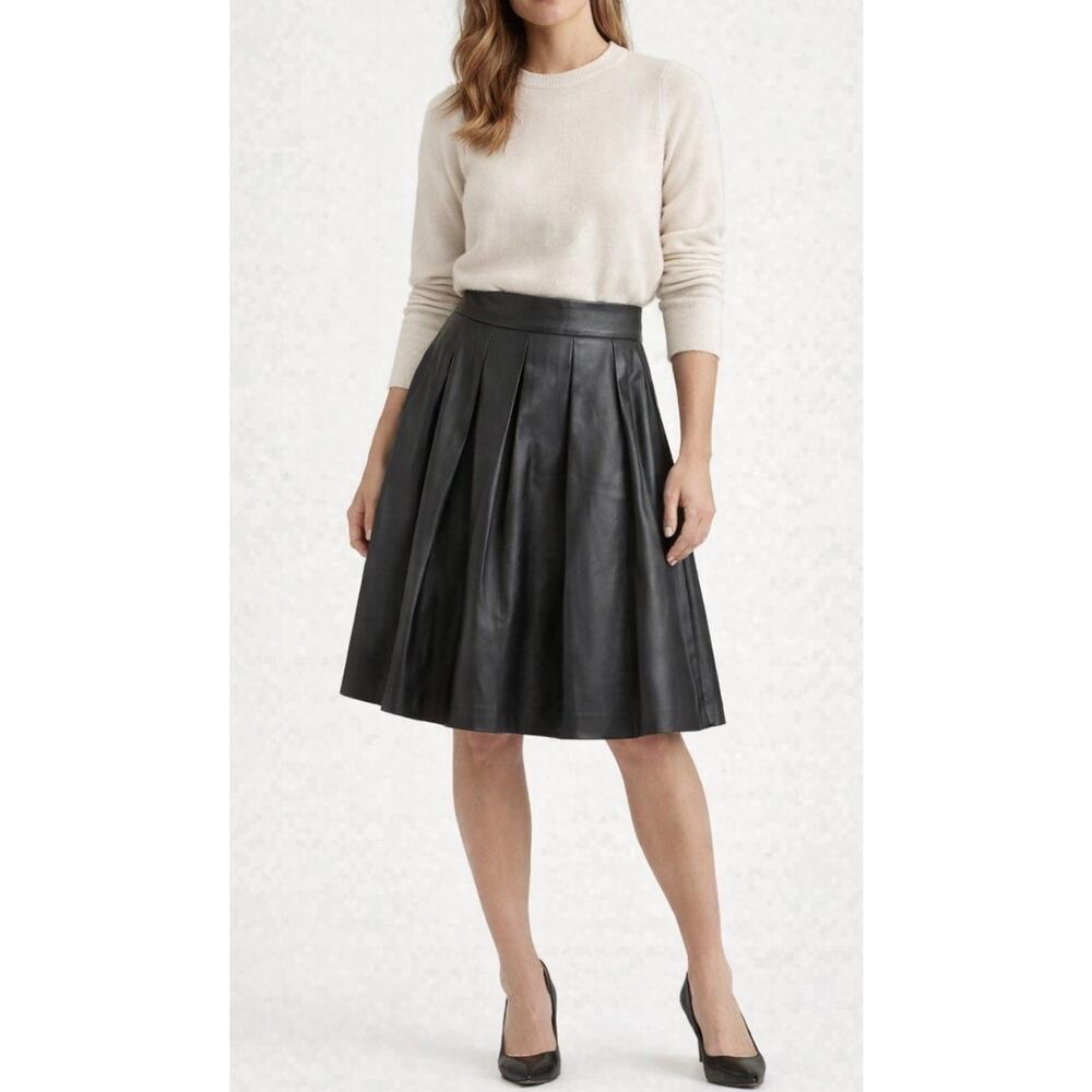 Ann Mashburn Black Leather Pleated Skirt Size M A-Line Midi